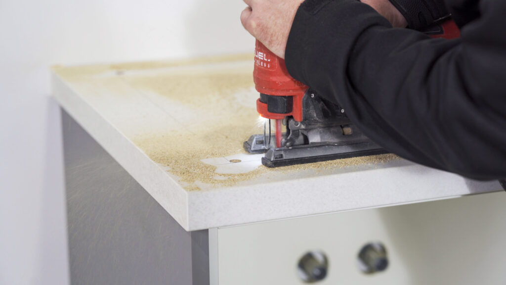 Image showing how to cut out a sink opening in a laminate benchtop