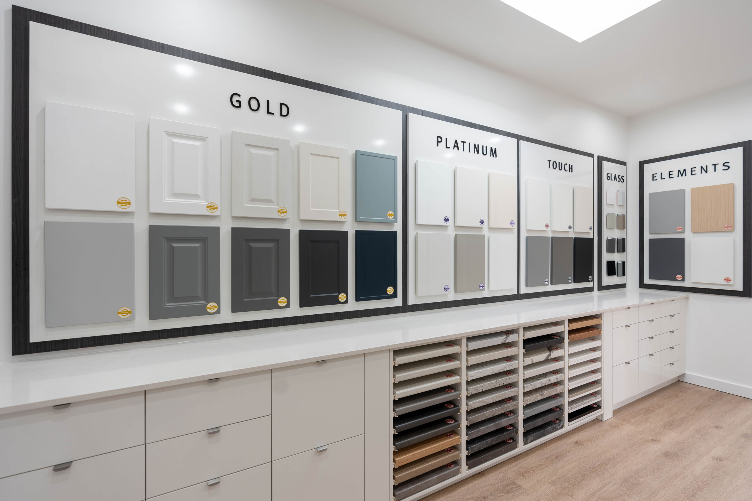 Image of our Glandore showroom displaying the cabinet ranges and benchtop options