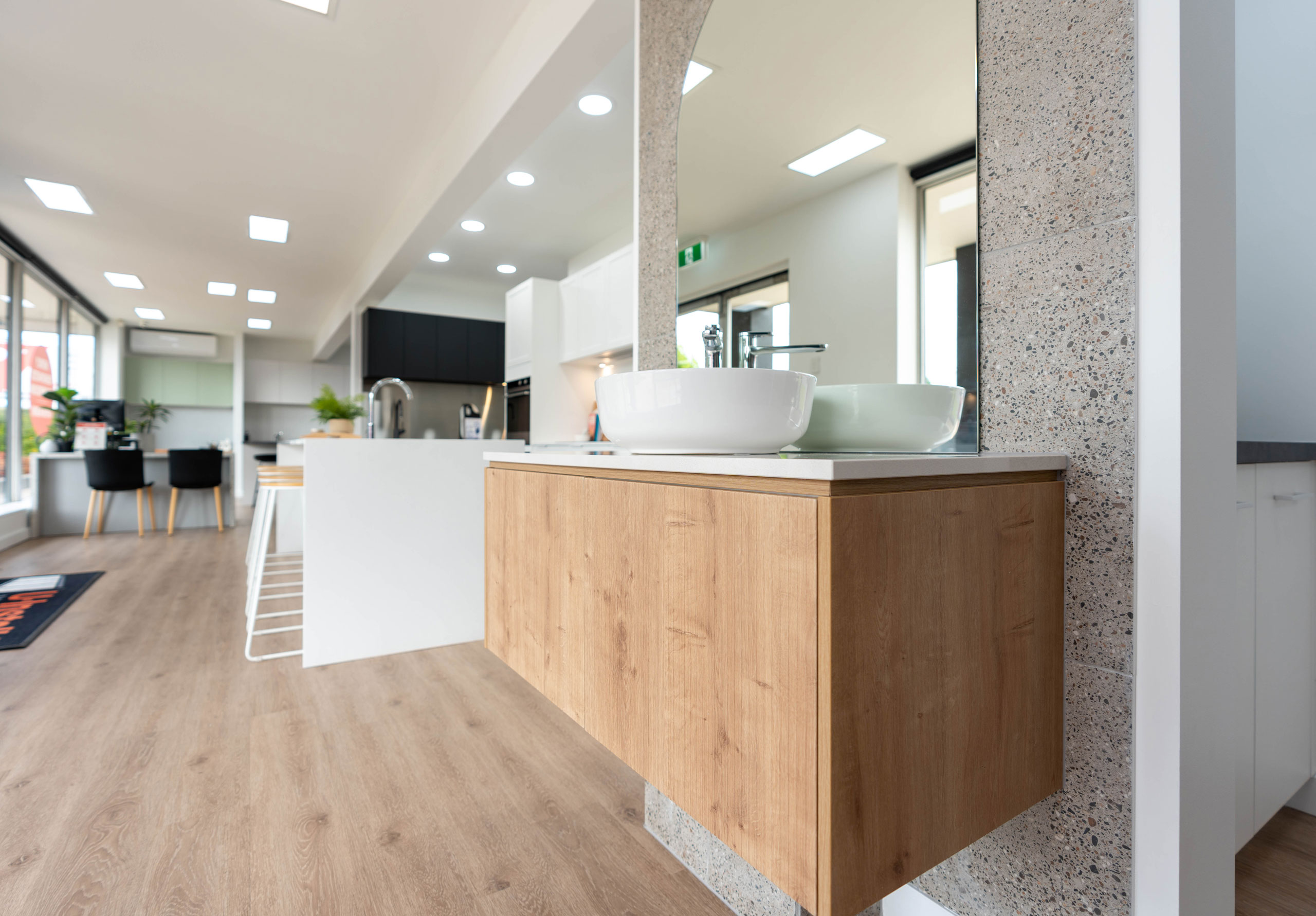 Image of a wall hung bathroom vanity on display in our U-Install-It Kitchens Glandore showroom
