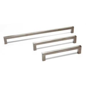 Photograph of square handles in stainless steel finish available in three sizes.