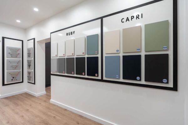 Showroom displaying the colour range of U-Install-It Kitchens and the handles available