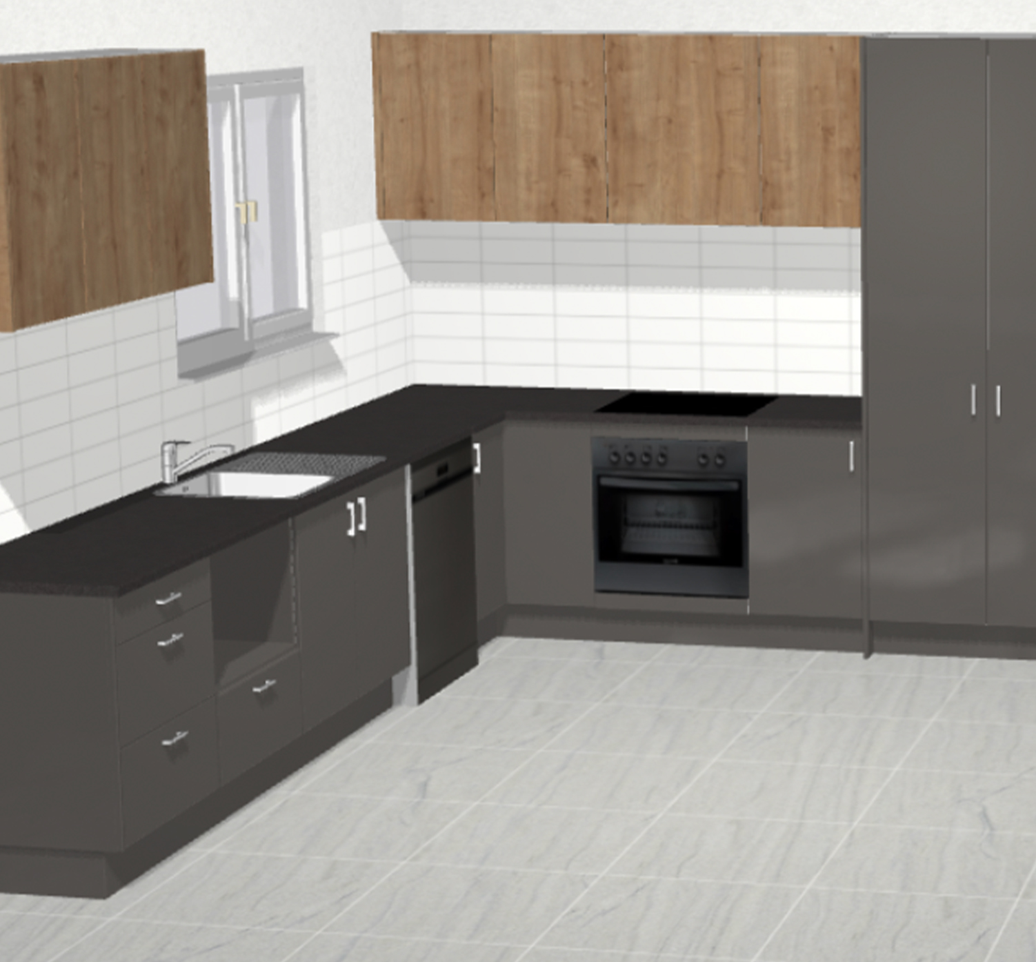 3D planner design of a L Shape kitchen with a two tone colour palette. Dark grey cabinets with timber laminate overhead cabinets